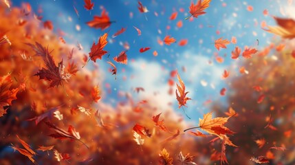 Dance of autumn leaves: a stunning visual feast of swirling red leaves amidst a radiant, glowing backdrop