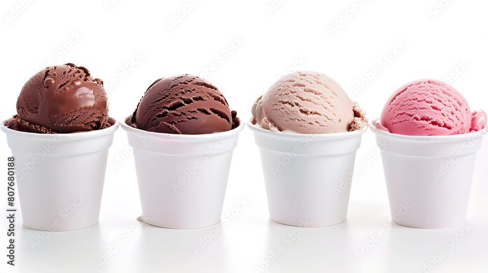 Poster neapolitan ice cream scoops in white cups of chocolate strawberry and vanilla flavours isolated on w