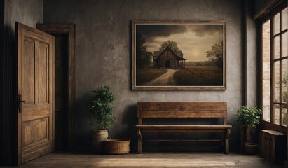 An evocative scenario of a canvas frame mockup in an antique entrance hall, with the rustic appeal of a wooden bench providing tired guests with a comfortable place to sit