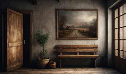 Fototapeta na wymiar An evocative scenario of a canvas frame mockup in an antique entrance hall, with the rustic appeal of a wooden bench providing tired guests with a comfortable place to sit