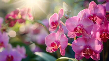 Pink Orchids in Full Bloom: A Close-Up in Sunlight. Concept Nature Photography, Flower Portraits, Pink Orchids, Close-Up Shots, Sunlight Settings