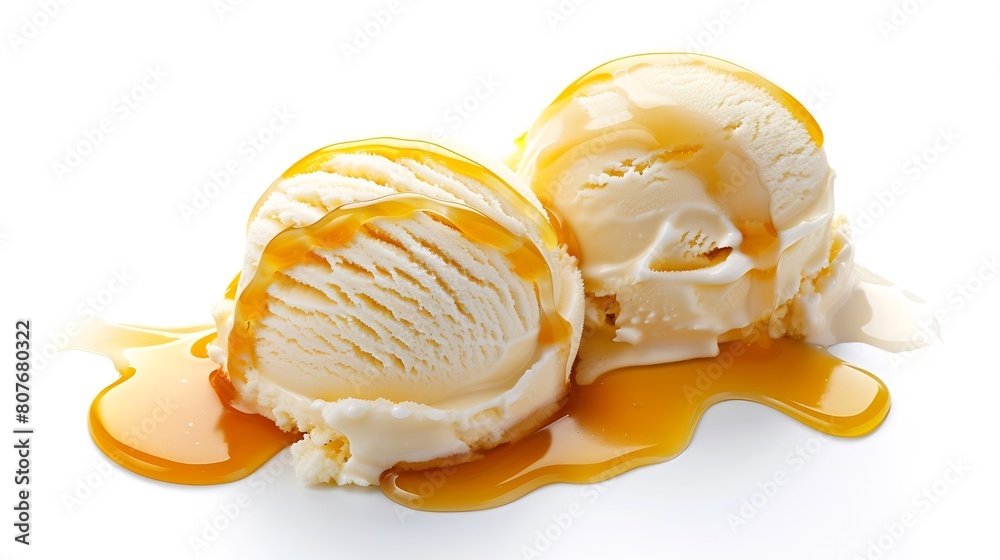 Aufkleber vanilla ice cream with melted caramel sauce isolated on white background : Generative AI