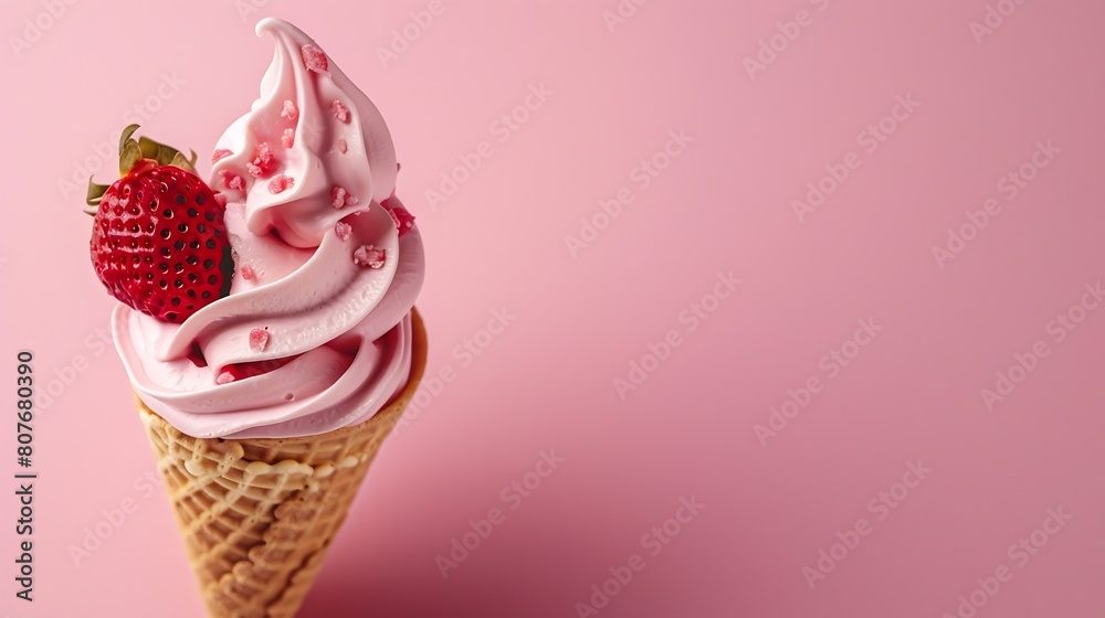 Aufkleber Ice cream cone with strawberry topping on a pink background Copy space : Generative AI