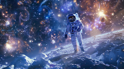 A astranout standing on other planet while wearing space suit and he can see moon from this planet.
