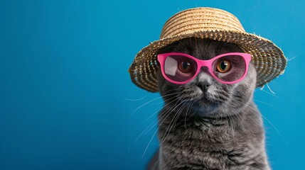 A cat wearing a straw hat and pink glasses is staring at the camera