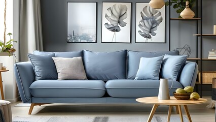 Contemporary blue sofa with wooden accessories table and posters in a room. Concept Contemporary Interior Design, Blue Sofa, Wooden Accessories, Posters, Room Decor