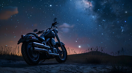 vintage cruiser motorcycle parked under a starry night sky