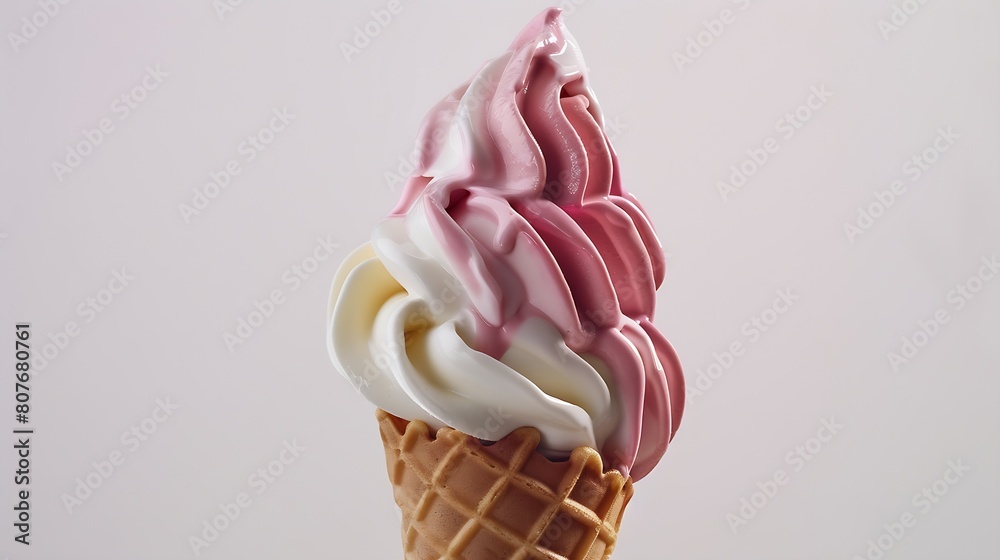 Aufkleber soft serve ice cream of vanilla strawberry chocolate and green tea flavours on crispy cone isolated 