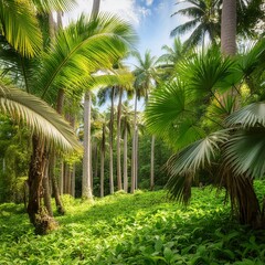 palm trees on the beach,a tropical jungle, with towering palm trees towering above a carpet of lush green foliage,