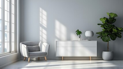 Minimalist Interior Design: White Cabinet, Plant, and Grey Furniture. Concept Neutral Colors, Modern Decor, Functional Spaces, Cozy Atmosphere