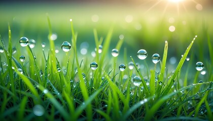 A captivating bokeh photograph, where droplets of water on green blades of grass create a magical...