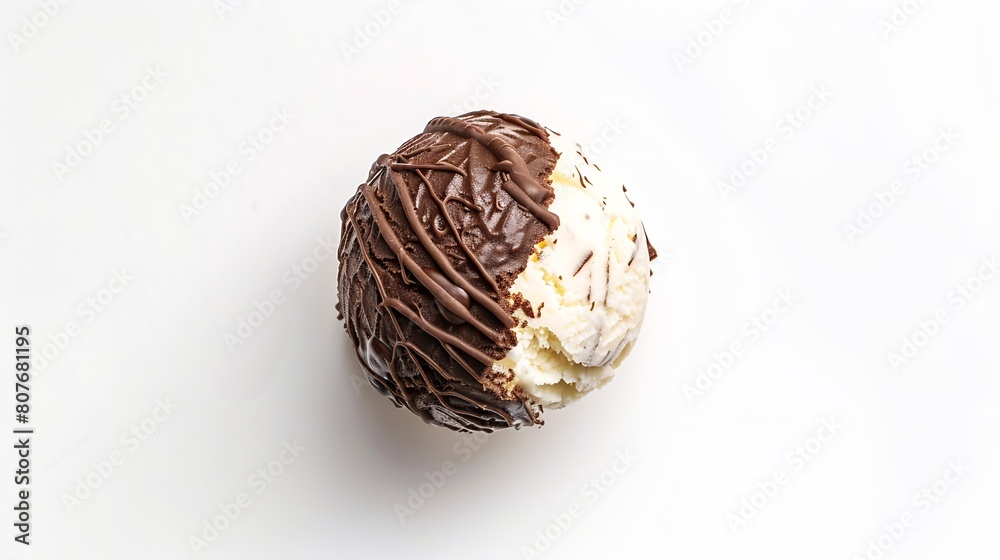 Poster chocolate and vanilla ice cream ball isolated on white background top view : generative ai