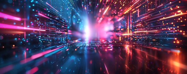 Obraz premium Immerse entrepreneurs in a futuristic world, showcasing vivid holographic displays of new products, creating a visually striking scene with sharp angles and vibrant colors