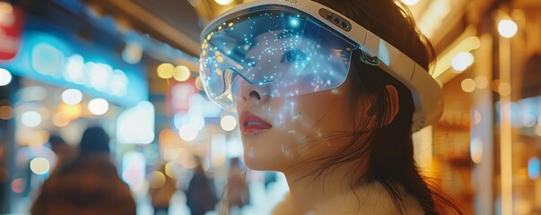 Immerse your audience in a futuristic blend of physical and digital worlds! Show a side view of a fashion-forward consumer in AR glasses