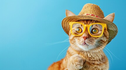 A cat wearing a straw hat and yellow glasses is staring at the camera