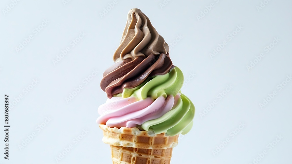 Poster Soft serve ice cream of vanilla strawberry chocolate and green tea flavours on crispy cone isolated on white background clipping path included : Generative AI