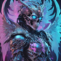 Ultra detailed illustration of the dark silhouette of a rotten archangel in skeletal Guyver armor, dragon skull head, phantasmagorical figure.