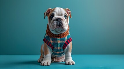 Diligent Bulldog Puppy in School Uniform Poses Against Floral Background