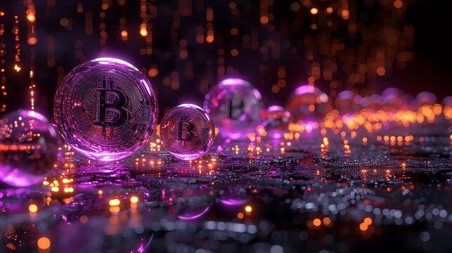 A beautiful 3D rendering of a futuristic cyrptocurrency. Glowing purple and pink neon lights and a shiny reflective surface.