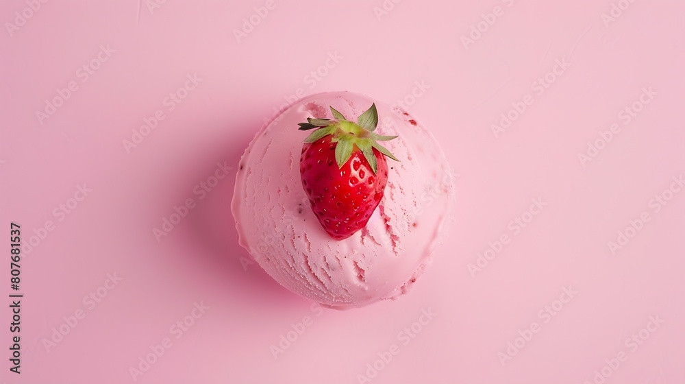 Poster strawberry ice cream ball on pink background top view : generative ai