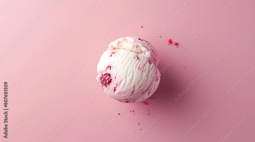 Aufkleber vanilla and raspberry ice cream ball isolated on pink background top view : Generative AI