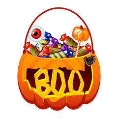 Halloween Pumpkin bucket with candies. Pumpkin Bag with lollipops, sweets, candy. Trick or treat Basket with text BOO © babysofja