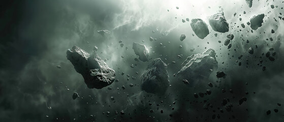 wallpaper of an asteroid field in deep space, very dark, 