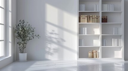 A classic bookshelf with space for books, located in a clean room.