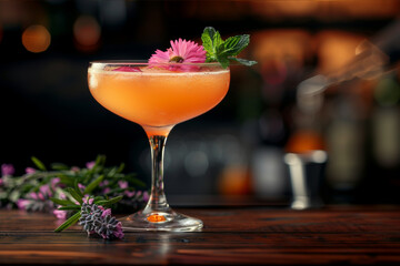 A vibrant craft cocktail served on a dark wooden bar, with a bartender artistically garnishing in the background.. AI generated.