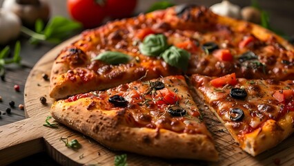 A slice of pizza with melted cheese tomato sauce and assorted toppings. Concept Italian Cuisine, Pizza Toppings, Food Photography