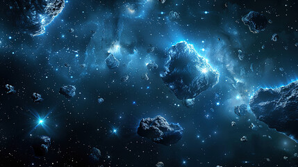 wallpaper of an asteroid field in deep space, very dark, 