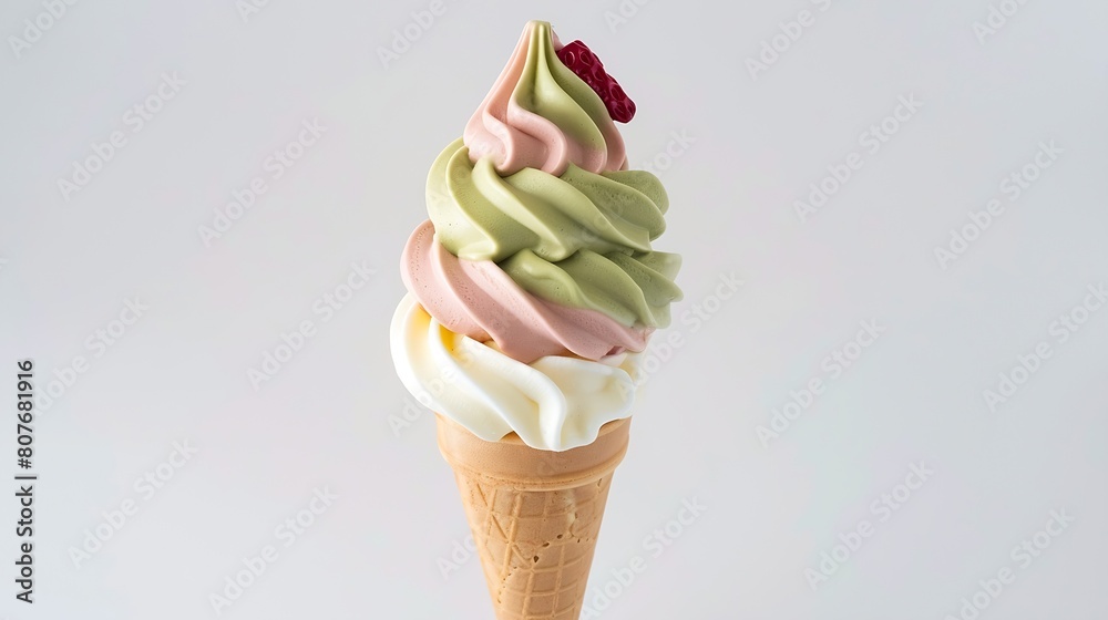 Aufkleber soft serve ice cream of vanilla strawberry chocolate and green tea flavours on crispy cone isolated 