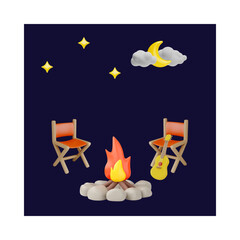 Relaxation by campfire with guitar against of the night sky with the moon and stars 3D vector, folding chair, camping