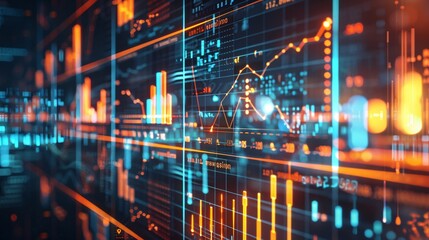 Obraz premium Business analysis big data screen and economic growth with financial graph. Concept of virtual fintech dashboard technology digital marketing and global economy. 3D illustration banner.