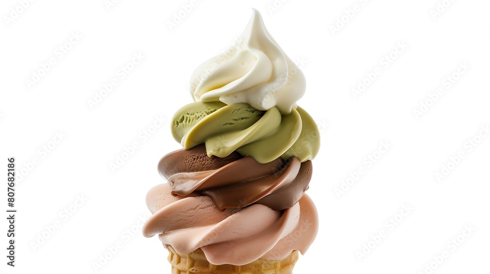 Aufkleber Soft serve ice cream of vanilla strawberry chocolate and green tea flavours on crispy cone isolated on white background clipping path included : Generative AI