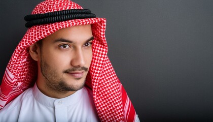 A closeup of the traditional red shemagh headscarf worn by Saudi men, set against a black background with space for text