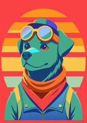 A highly stylized and vibrant digital illustration features a dog, likely a terrier breed, wearing an aviator's helmet and goggles, depicted with bold outlines and a playful, artistic flair on 