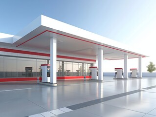 A contemporary gas station design under a clear blue sky.