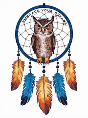 Embrace Your Dreams Owl Dreamcatcher Illustration with Feathers and Inspirational Quote