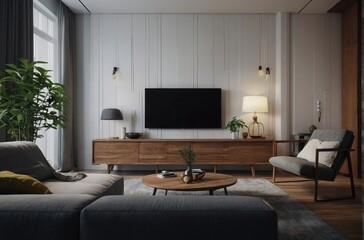 Obraz premium Cozy Living Room with Earthy Neutral Tones Modern Decor and Natural Light, beige and dark atmosphere