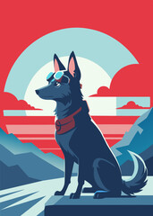 A highly stylized and vibrant digital illustration features a dog, likely a terrier breed, wearing an aviator's helmet and goggles, depicted with bold outlines and a playful, artistic flair on 