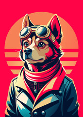 A highly stylized and vibrant digital illustration features a dog, likely a terrier breed, wearing an aviator's helmet and goggles, depicted with bold outlines and a playful, artistic flair on 