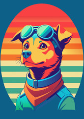 A highly stylized and vibrant digital illustration features a dog, likely a terrier breed, wearing an aviator's helmet and goggles, depicted with bold outlines and a playful, artistic flair on 