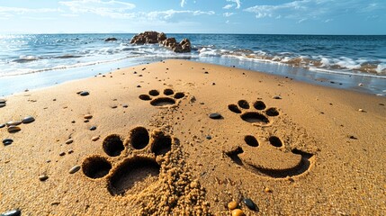 A cheerful smile is painted on the sandy surface of a serene beach by the sea, next to animal tracks. The concept of a good holiday and travel