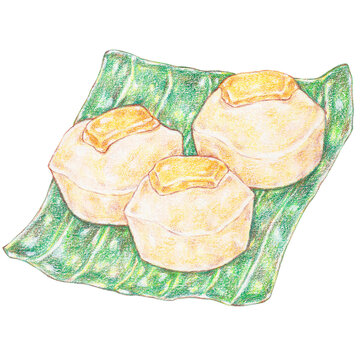 cheese puto with egg whites, steamed rice cake, filipino desserts color pencil drawing style