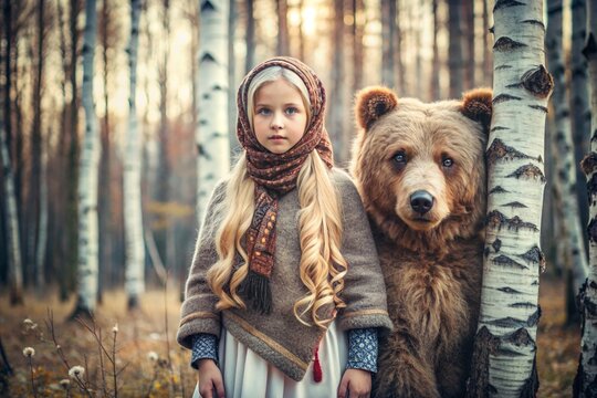 A beautiful little girl in Russian folk clothes and a headscarf in a birch grove with a live bear. Russian folklore, Slavic mythologies. Russian fairy tales.