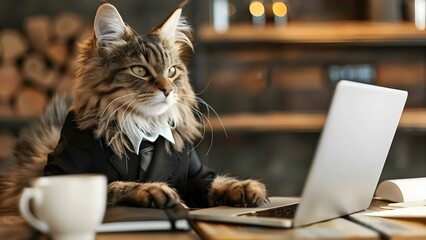Cat in business attire working on laptop in office. Concept Business Attire, Cat, Laptop, Office, Working