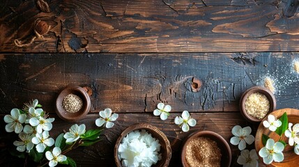 Flat lay, rustic wooden table elegantly decorated with bowls and beautiful bright flowers. Natural texture with copy space