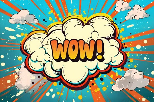 Boom pop art cloud bubble. Smile, wow, pow, cool, ok, oops, wtf funny speech bubble. Trendy Colorful retro vintage background in pop art retro comic style. Illustration easy editable for Your design 