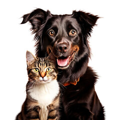 Portrait of a Happy dog and cat looking at the camera together isolated on a transparent background, friendship between dog and cat, and amazing friendliness of the pets. 